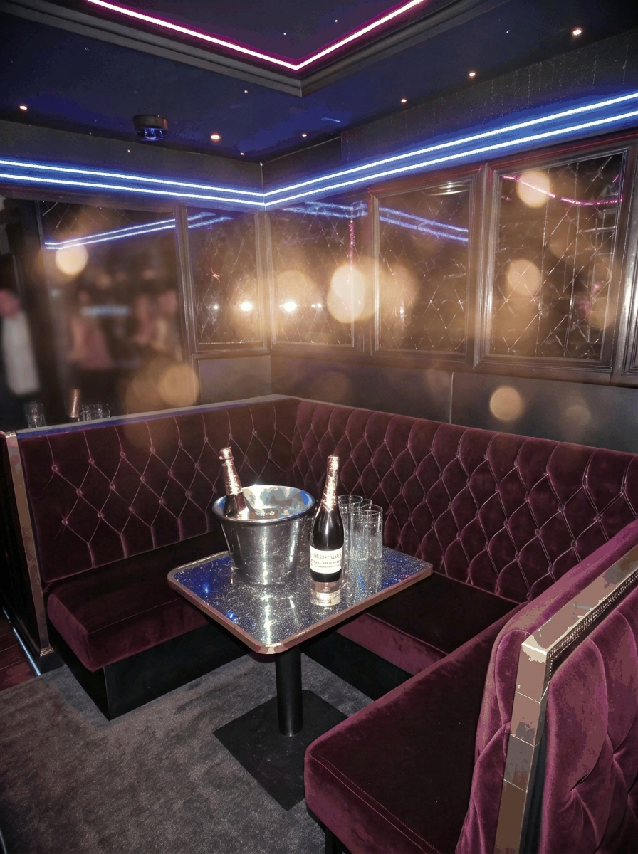 An intimate velvet lounge booth with warm gold lighting and a nighttime city view.