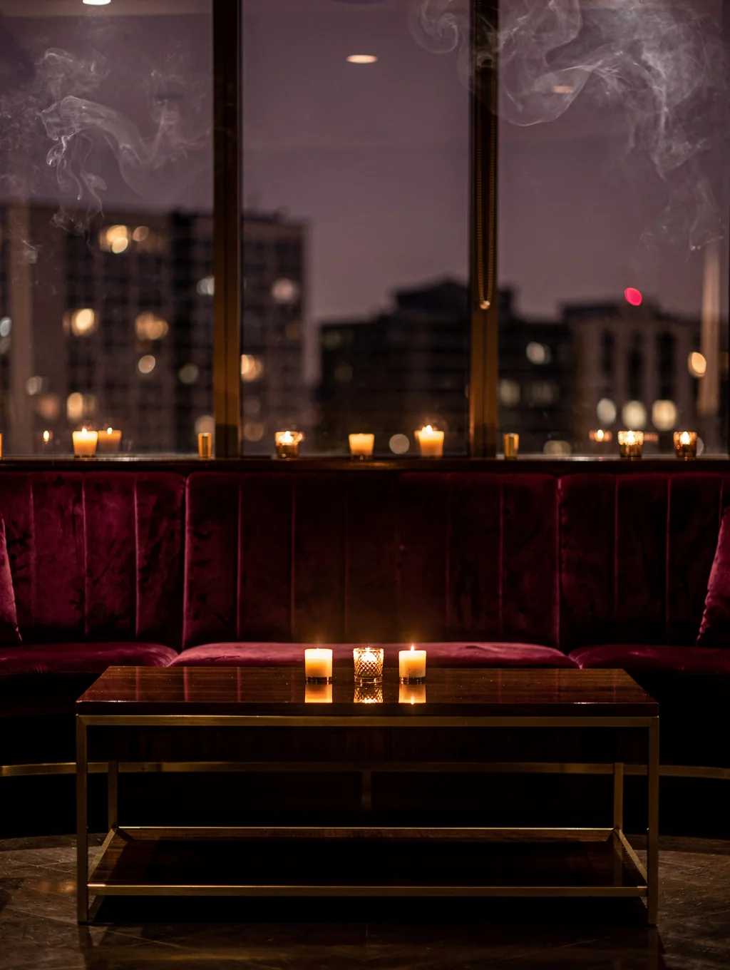 An intimate lounge corner with velvet seating, candlelight, and a rain-covered window.